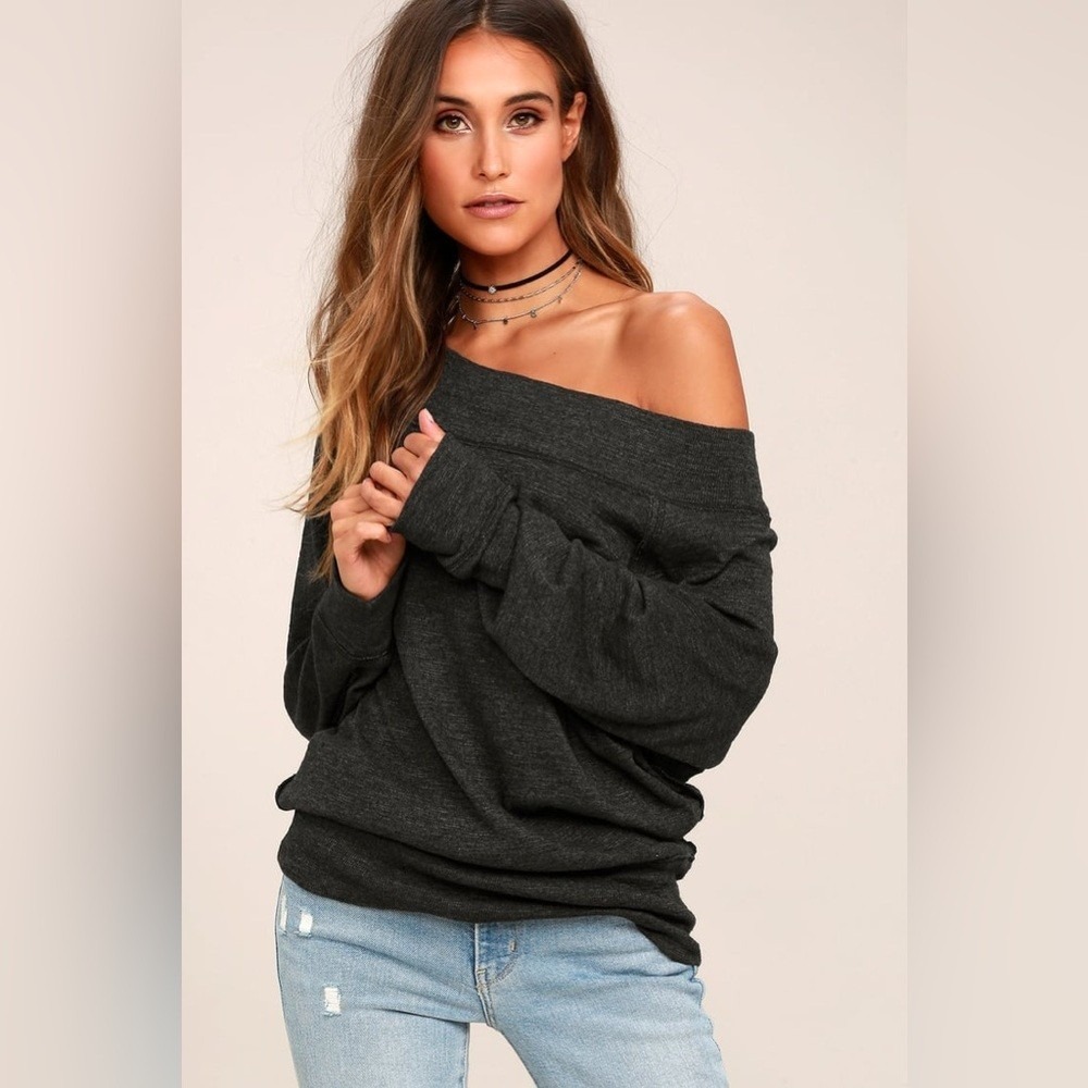 Free People We The Free Charcoal Grey Off The Shoulder Batwing Top XS Slouchy